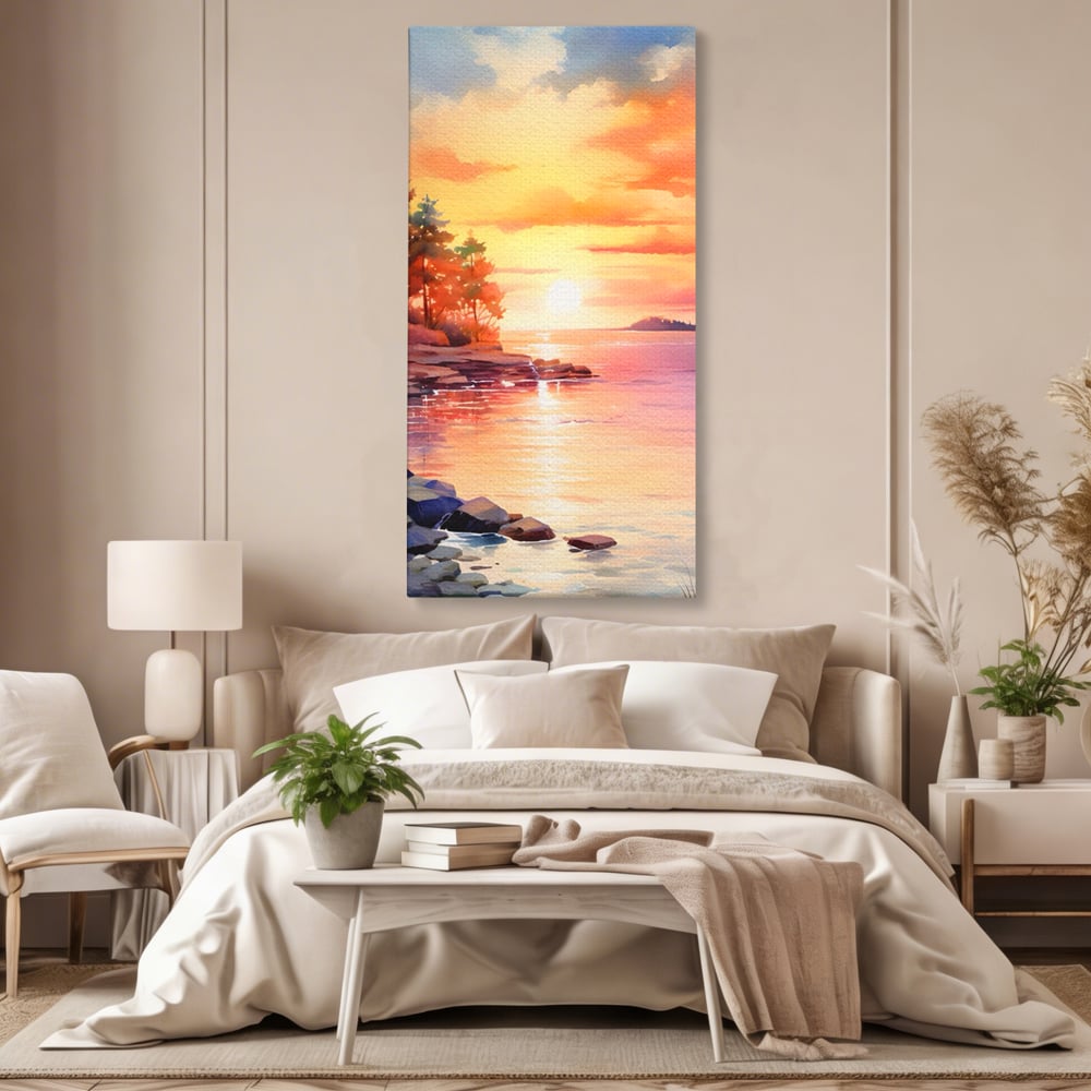 Tablou canvas cu tablou canvas cu peisaj de apus, fara rama, pe sasiu de lemn, pe perete intr-un dormitor